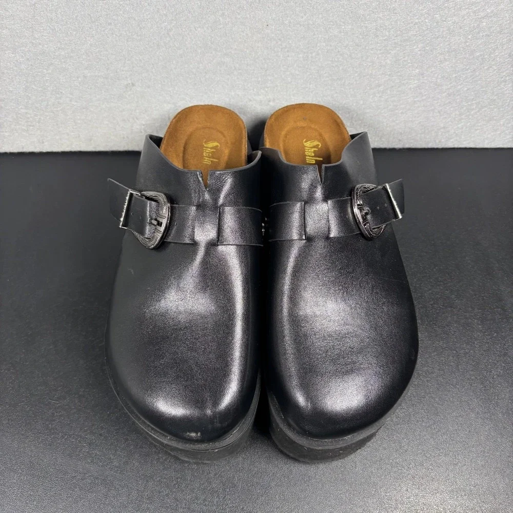 Womens Black Platform Clogs Size 10 Buckle Mules Goth Grunge Chunky Slip On Shoe